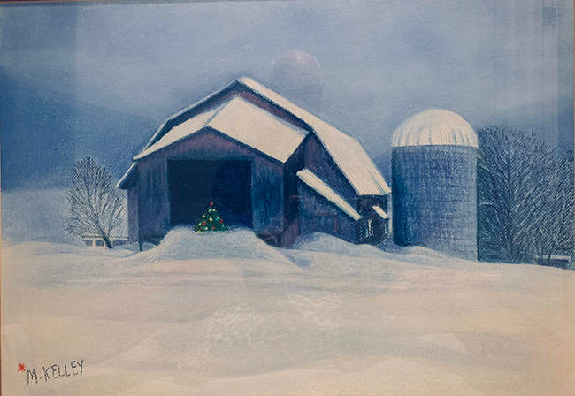 Acrylic painting on canvas of a gray barn and silo surrounded by snow, with a Christmas tree in front, by Michael J. Kelley, MD, FACR